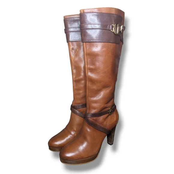Cole Haan X Nike Air | Poppy Brown Leather Heeled Riding Boots Women's Size 6 - Picture 1 of 7